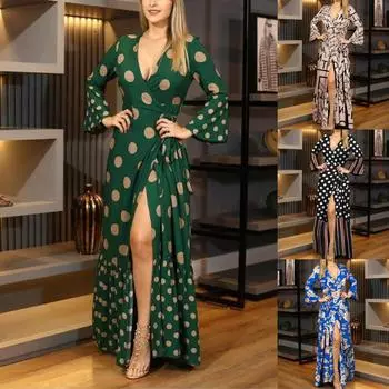 Новое модное сексуальное женское платье с V-образным вырезом и принтом на талии с длинными рукавами S чёрный