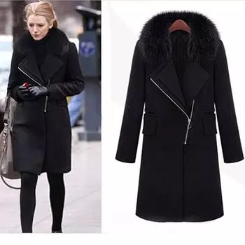 Новое модное шерстяное пальто, зимнее новое темпераментное теплое длинное пальто с воротником из лисьего меха большого размера L чёрный