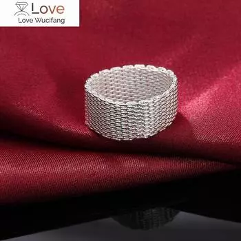 Новое модное широкое серебряное кольцо для женщин, однотонное кольцо из стерлингового серебра 925 пробы, плетеное сетчатое кольцо, персонализированные серебряные украшения 6