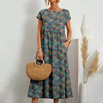 Новое модное свободное повседневное платье с цветочным принтом и коротким рукавом, женское летнее платье с круглым вырезом и принтом в стиле ретро, элегантное женское платье для отпуска больших размеров 26316 S хаки