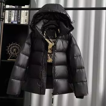 Новое модное тонкое и утолщенное теплое пышное короткое зимнее пальто с капюшоном черного, золотого и белого гусиного пуха, женское пальто S