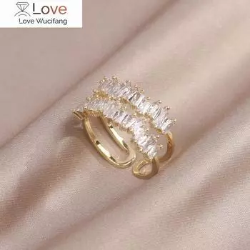 Новое модное ювелирное изделие 14-каратное настоящее золотое покрытие двойной циркон неправильной формы кольцо элегантное женское открывающееся регулируемое рабочее ежедневное кольцо Resizable белый
