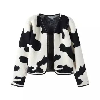 Новое модное весеннее пальто Harajuku с принтом коров, свободная кожаная куртка с длинными рукавами, винтажный теплый вязаный кардиган C-142 One Size бежевый