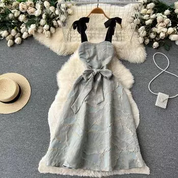 Новое модное винтажное жаккардовое вечернее платье, женские сексуальные элегантные сарафаны без рукавов с бантом на бретельках S синий