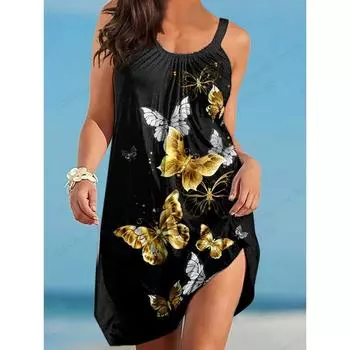 Новое модное женское гавайское пляжное платье, элегантное, красочное, с 3D-принтом в виде бабочек, летнее, миди, на бретельках, в стиле бохо, вечерние платья без рукавов S