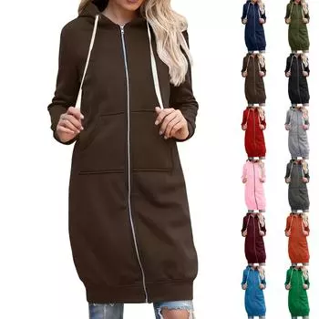 Новое модное женское однотонное облегающее пальто средней длины с застежкой-молнией и круглым вырезом, с длинным рукавом и капюшоном XXXXXL