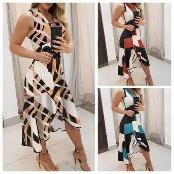 Новое модное женское платье-майка без рукавов с v-образным вырезом и цветным принтом S красный