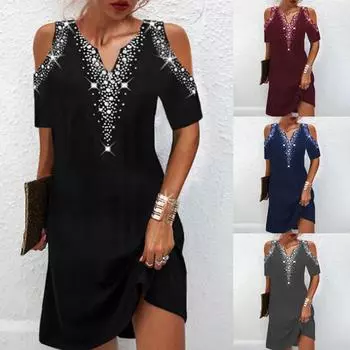 Новое модное женское платье с открытыми плечами и принтом, повседневное свободное платье с коротким рукавом S чёрный