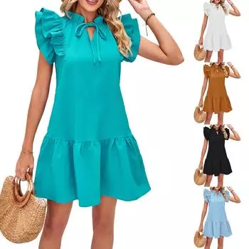 Новое модное женское плиссированное платье принцессы с v-образным вырезом и рюшами на рукавах, однотонное платье S белый