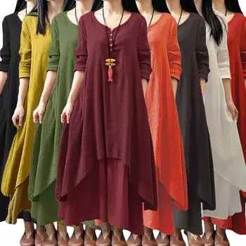 Новое модное женское повседневное свободное платье с длинным рукавом в стиле бохо, длинное платье макси