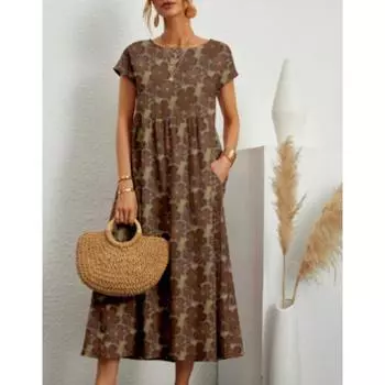Новое модное женское свободное хлопковое и льняное безрукавное платье с круглым вырезом и принтом на лето S кофейный