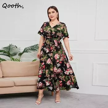 Новое модное женское свободное платье с цветочным принтом, элегантное повседневное платье макси с рукавами большого размера для женщин QT2356 S чёрный
