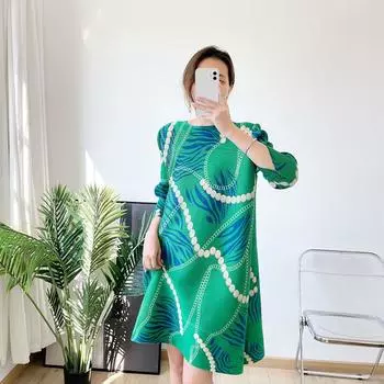 Новое морщинистое желтое платье ранней весны с модной юбкой и принтом темперамента для женщин M зелёный