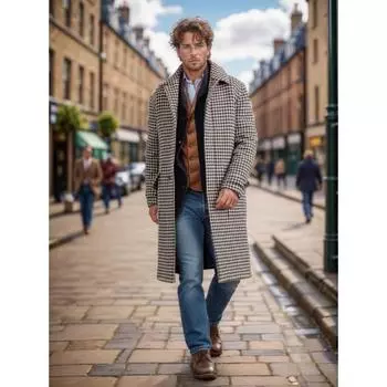 Новое мужское шерстяное пальто средней длины на осень и зиму с узором «гусиная лапка», стеганое утолщенное пальто S