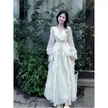 Новое нежное белое платье в стиле ретро во французском стиле с v-образным вырезом, однотонное платье из ламината с длинными рукавами и оборками до щиколотки S белый