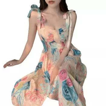 Новое нежное платье с цветочным принтом, галстук-бабочка, квадратный вырез, без рукавов, облегающие платья миди, французские платья L