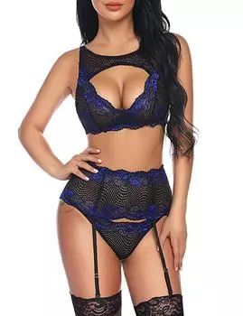 Новое нижнее белье Love, сексуальный кружевной комплект из трех предметов с подвязками для чулок S