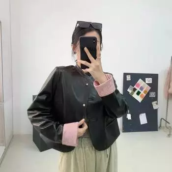 Новое новое кожаное пальто женское натуральное кожаное ретро короткое пальто M красный