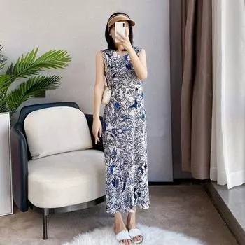 Новое облегающее элегантное обтягивающее платье без рукавов с круглым вырезом и принтом для женщин, весенне-летняя универсальная нижняя юбка One Size синий
