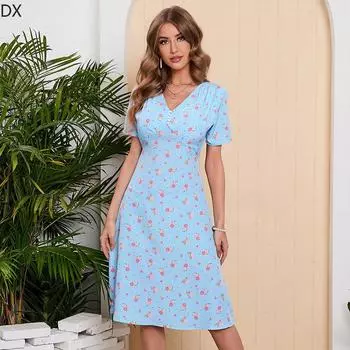 Новое облегающее платье с V-образным вырезом и шифоновым принтом, юбка А-силуэта S розовый