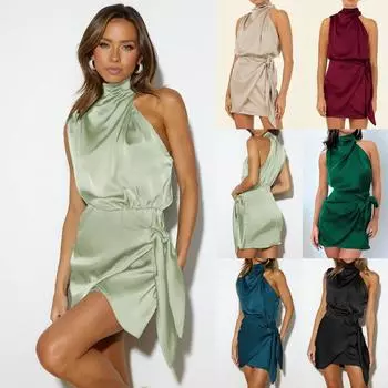 Новое облегающее платье знаменитости с высоким вырезом и бретельками S бежевый