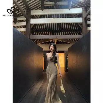 Новое облегающее сексуальное элегантное длинное платье трапециевидной формы в китайском стиле с поясом и принтом на бедрах S хаки