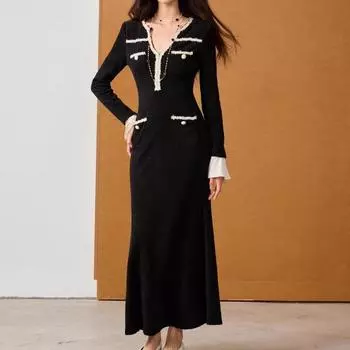 Новое обтягивающее платье со съемными манжетами Temperament Commuter Premium V-образный вырез S чёрный