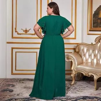 Новое однотонное элегантное длинное женское платье с круглым вырезом на весну и лето S зелёный
