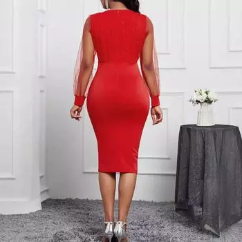 Новое однотонное элегантное облегающее женское платье с V-образным вырезом, длинными рукавами и сетчатой вставкой, с запахом на бедрах S красный