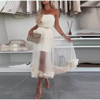 Новое однотонное элегантное женское платье в стиле пэчворк, летнее повседневное платье без рукавов без бретелек, сексуальное вечернее платье с открытой спиной и молнией S слоновая кость