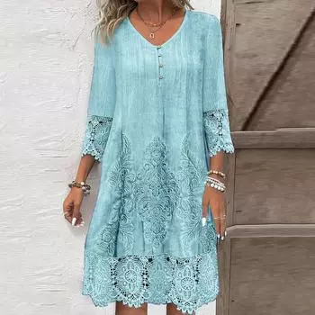 Новое однотонное кружевное платье весна-лето женская мода V-образный вырез пуговицы свободные офисные повседневные платья женский праздничный халат Femme S синий