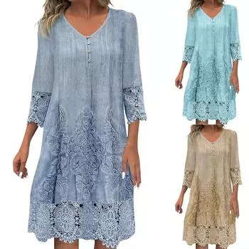 Новое однотонное кружевное платье весна-лето женская мода V-образный вырез пуговицы свободные офисные повседневные платья женский праздничный халат Femme XXXL синий