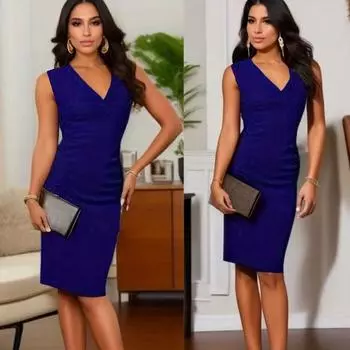 Новое однотонное платье для отдыха в Европе и Америке на осень и зиму с v-образным вырезом S синий