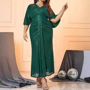 Новое однотонное вечернее платье для банкета с V-образным вырезом, высокой талией, пайетками, облегающее, со свободными рукавами 1XL зелёный