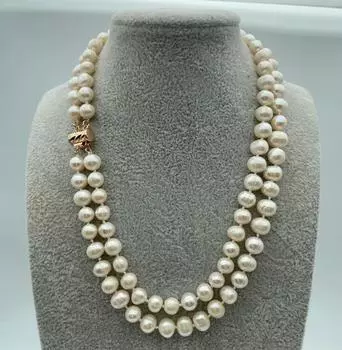 Новое ОПТОВОЕ ОЖЕРЕЛЬЕ С БЕЛЫМ ЖЕМЧУГОМ 2 РЯДА 8-9 ММ 18 ДЮЙМОВ