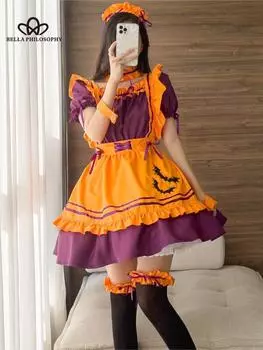 Новое оранжевое платье горничной Лолиты, милое женское платье Kawaii, костюм для ролевых игр, костюм для Хэллоуина, косплей, одежда с длинными рукавами S оранжевый