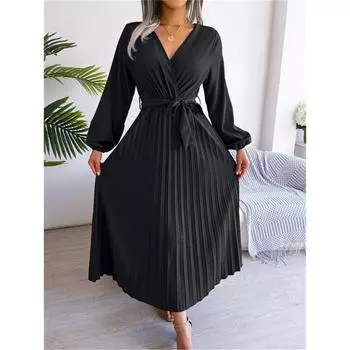 Новое осенне-зимнее элегантное платье с V-образным вырезом и плиссировкой на бретелях и длинными рукавами S розовый