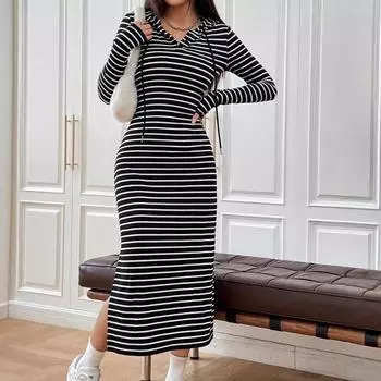 Новое осенне-зимнее черное полосатое длинное платье с капюшоном и длинными рукавами женское элегантное облегающее эластичное тонкое прямое трикотажное платье vestidos S