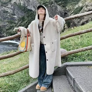 Новое осенне-зимнее длинное пальто с капюшоном из овечьей шерсти для женщин, свободное цельное пальто большого размера из меха S