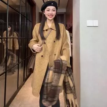 Новое осенне-зимнее двухстороннее шерстяное пальто в корейском стиле, свободное повседневное шерстяное пальто средней длины для невысоких людей S белый