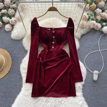 Новое осенне-зимнее французское ретро-платье трапециевидной формы с квадратным воротником и бантом из золотого бархата средней длины