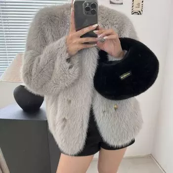 Новое осенне-зимнее искусственное меховое цельное шерстяное пальто из меха лисы one size fits all