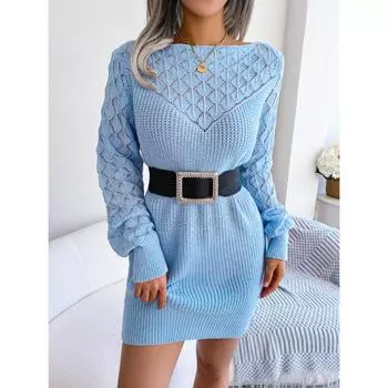 Новое осенне-зимнее модное платье-свитер с открытыми плечами и длинными рукавами (За исключением ремня) S синий