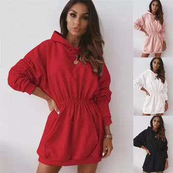 Новое осенне-зимнее модное женское повседневное платье с капюшоном и длинными рукавами, свободное длинное спортивное платье с капюшоном S красный