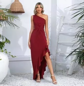 Новое осенне-зимнее однотонное длинное платье без рукавов с диагональными плечами для женщин S чёрный