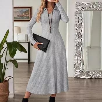 Новое осенне-зимнее однотонное платье макси с длинным рукавом и воротником-поло для женщин, повседневные эластичные трикотажные платья А-силуэта, модное облегающее платье S