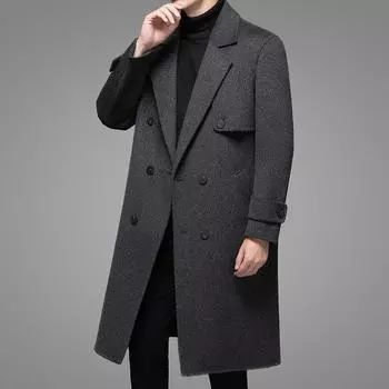 Новое осенне-зимнее пальто из 100% шерсти для молодых мужчин, тонкое двубортное, двухстороннее шерстяное длинное пальто для мужчин M чёрный