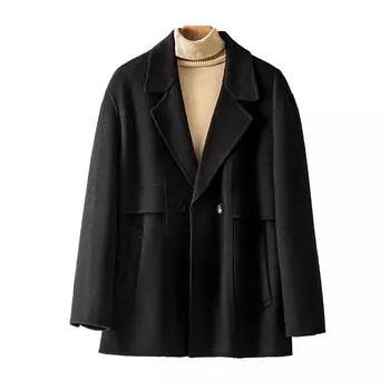 Новое осенне-зимнее пальто из 100% шерсти, мужское шерстяное пальто средней длины, повседневное пальто без кашемира M чёрный