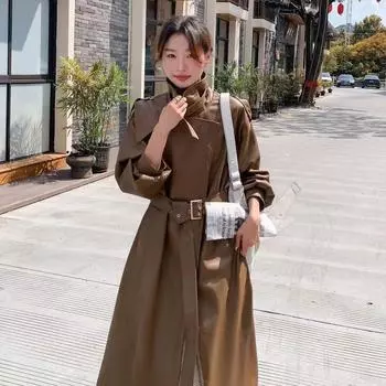 Новое осенне-зимнее пальто из искусственной кожи для женщин, длинная облегающая ветровка выше колена с поясом и пальто Temperament S чёрный