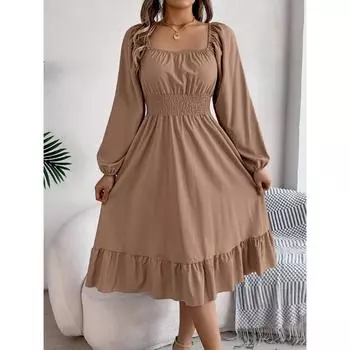 Новое осенне-зимнее платье с квадратным вырезом, однотонное, повседневное, с завышенной талией, с длинными рукавами S синий